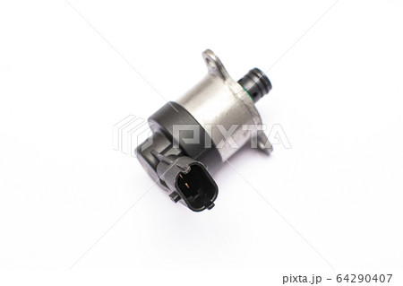 Electromagnetic metering valve of the vehicle's fuel pump on an isolated white background. Common rail control valve. Electromagnetic metering valve of the vehicle's fuel pump on an isolated white background. Common rail control valve. 64290407