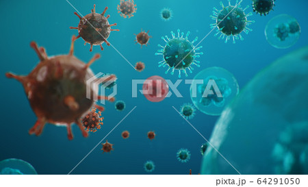 Outbreak of coronavirus, flu virus and COVID-19. Concept of a pandemic, epidemic for human cells. COVID-19 under the microscope, pathogen affecting the respiratory system, 3d illustration Outbreak of coronavirus, flu virus and COVID-19. Concept of a pandemic, epidemic for human cells. COVID-19 under the microscope, pathogen affecting the respiratory system, 3d illustration 64291050