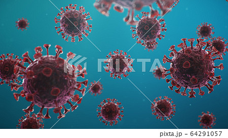 Outbreak of coronavirus, flu virus and COVID-19. Concept of a pandemic, epidemic for human cells. COVID-19 under the microscope, pathogen affecting the respiratory system, 3d illustration 64291057
