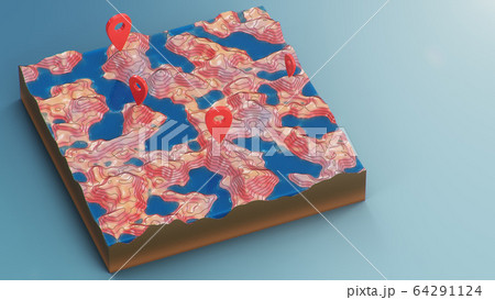 Cross section 3D Map with red point markers. Contour lines on a topographic map. Studying the geography of the area: hills, mountains and plains. Pointers on map, navigation concept, 3d illustration 64291124