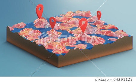 Red pointers, markers on the 3D map navigation. Contour lines on a topographic map. Studying the geography of the area: hills, mountains and plains. Cartography map on blue background, 3d illustration 64291125