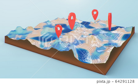 Red pointers, markers on the 3D map navigation. Contour lines on a topographic map. Studying the geography of the area: hills, mountains and plains. Cartography map on blue background, 3d illustration 64291128