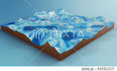 Cross section topographic 3D map with water. Contour lines on a topographic map. Studying the geography of the area: hills, mountains and plains. Cartography map on blue background, 3d illustration Cross section topographic 3D map with water. Contour lines on a topographic map. Studying the geography of the area: hills, mountains and plains. Cartography map on blue background, 3d illustration 64291217