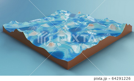 Cross section topographic 3D map with water. Contour lines on a topographic map. Studying the geography of the area: hills, mountains and plains. Cartography map on blue background, 3d illustration Cross section topographic 3D map with water. Contour lines on a topographic map. Studying the geography of the area: hills, mountains and plains. Cartography map on blue background, 3d illustration 64291226
