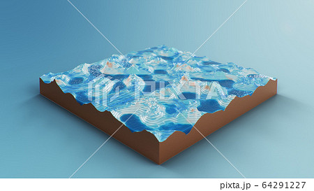 Cross section topographic 3D map with water. Contour lines on a topographic map. Studying the geography of the area: hills, mountains and plains. Cartography map on blue background, 3d illustration Cross section topographic 3D map with water. Contour lines on a topographic map. Studying the geography of the area: hills, mountains and plains. Cartography map on blue background, 3d illustration 64291227