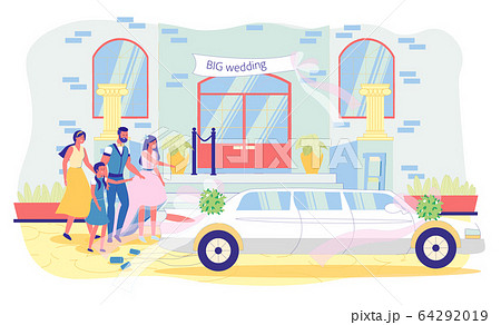 Guest Crowd Waving Newlyweds Sitting in Limousine 64292019