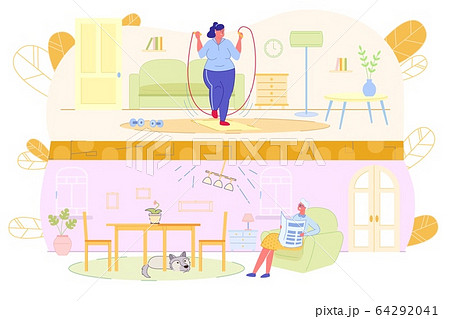 Overweight Girl goes in for Sports in Apartment. 64292041