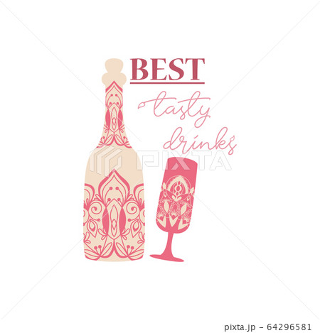 Indian red concept style of bottle and glass for champagne and wine. Vector 64296581