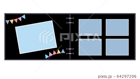 ガーランドで飾られた黒い台紙のフォトアルバムのイラスト イラストを入れられるフレーム背景素材のイラスト素材