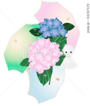 紫陽花のブルーとピンクの花とブルーの傘とテルテル坊主の6月梅雨のイメージのイラストのイラスト素材