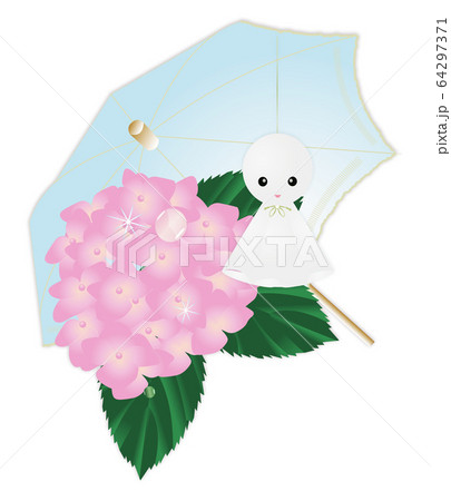 紫陽花のピンクの花とブルーの傘とテルテル坊主の6月梅雨のイメージのイラストのイラスト素材