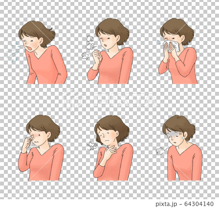 病気　症状セット1（くしゃみ、咳、鼻水、目のかゆみ、だるさ）女性 64304140