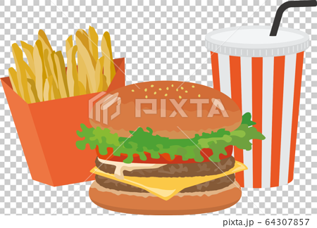 ハンバーガーとフライドポテトとドリンクのイメージイラストのイラスト素材