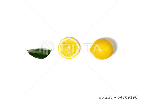 Creative layout made of lemon and green leaf. 64309196