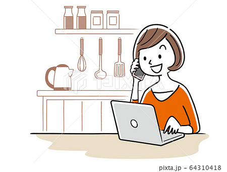 イラスト素材：自宅でパソコンを使う若い女性 64310418