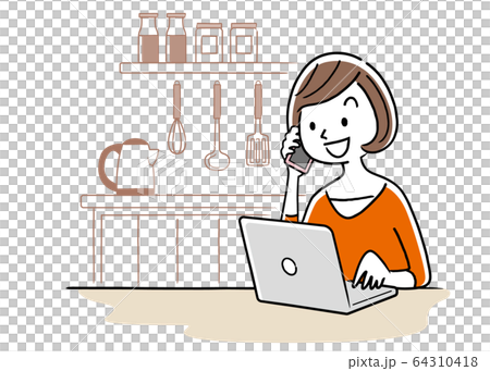 イラスト素材：自宅でパソコンを使う若い女性 64310418
