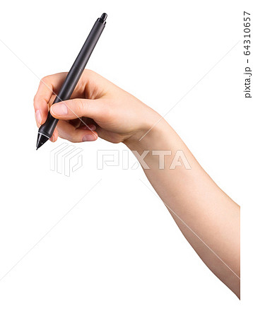 Hand holding digital graphic pen and drawing something isolated on white 64310657