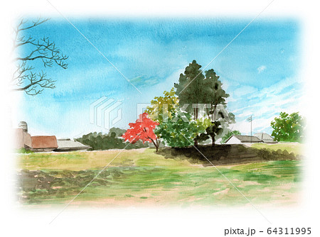 水彩で描いた青空と野原の風景画のイラスト素材