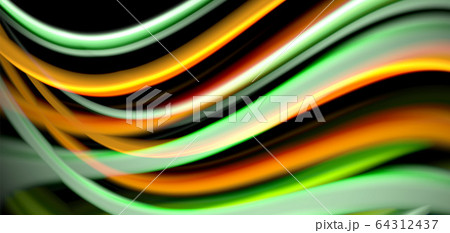 Abstract silk smooth lines on black, multicolored liquid fluid rainbow style waves on black 64312437