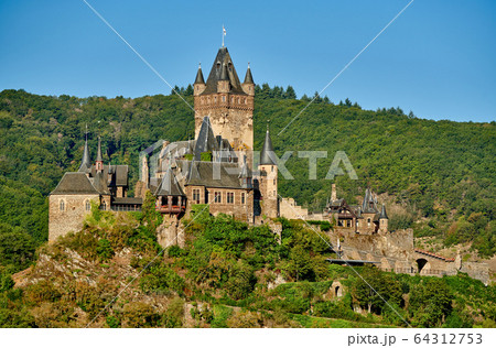 Beautiful Reichsburg castle on a hill in Cochem, Beautiful Reichsburg castle on a hill in Cochem, 64312753