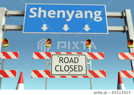 Traffic barricades near Shenyang city traffic sign. Coronavirus disease quarantine or lockdown in China conceptual 3D rendering 64313925