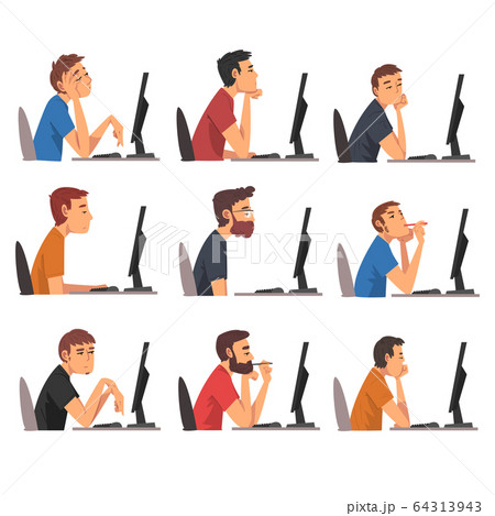 Bored Men Working with Computer Collection, Lazy Guys in Casual Clothes Procrastinating at Workplace, Unmotivated or Unproductive Worker Character, Side View Vector Illustration Bored Men Working with Computer Collection, Lazy Guys in Casual Clothes Procrastinating at Workplace, Unmotivated or Unproductive Worker Character, Side View Vector Illustration 64313943