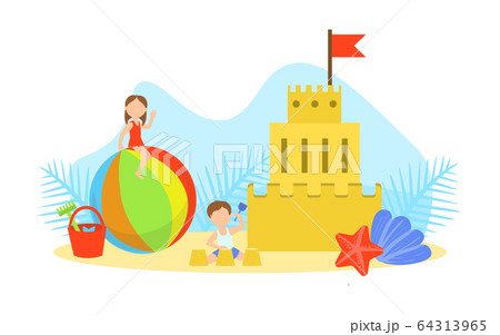 Cute Tiny Kids Making Sand Castle on Sea Beach Vector Illustration Cute Tiny Kids Making Sand Castle on Sea Beach Vector Illustration 64313965