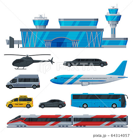 Aviation Transport Terminal, Airport Vehicles Set, Flight Service Transportation Flat Vector Illustration 64314057