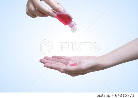 Squeeze Red hand Wash Gel on hands to Cleanup and protect Bacteria.  Hand of woman that applying alcohol gel to make cleaning and clear germ, bacteria, Health care concept. Isolated with Clipping path 64315773