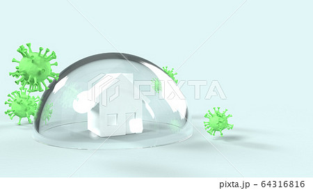 The virus and house in glass dome 3d rendering for work from home content. 64316816