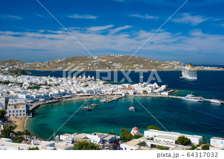 Mykonos island port with boats, Cyclades islands, Greece 64317032