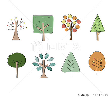 北欧風手描きの木のイラストセット かわいい 森のイラスト素材