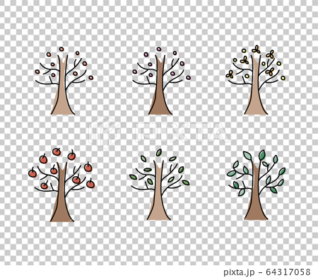 北欧風手描きの木のイラストセット かわいい 森のイラスト素材