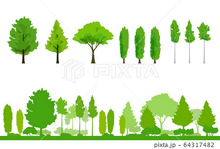 木のイラストセットと木の風景のイラスト素材