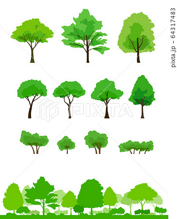 木のイラストセットと木の風景のイラスト素材