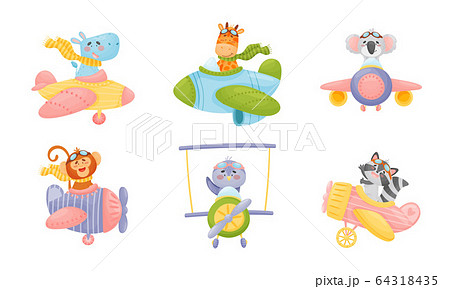 Cute Animals Wearing Aviator Goggles Flying an Airplane with Scarf Fluttering Behind Vector Set 64318435