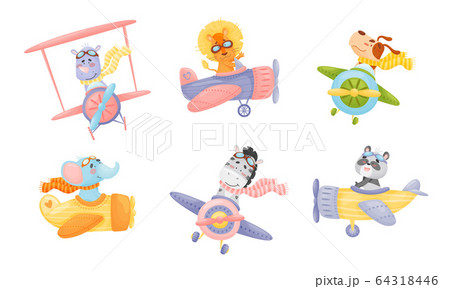 Cute Animals Wearing Aviator Goggles Flying an Airplane with Scarf Fluttering Behind Vector Set 64318446