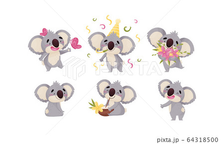 Cartoon Koala Animal with Big Ears and Nose Drinking Coconut Cocktail with Straw and Holding Flowers Vector Set 64318500