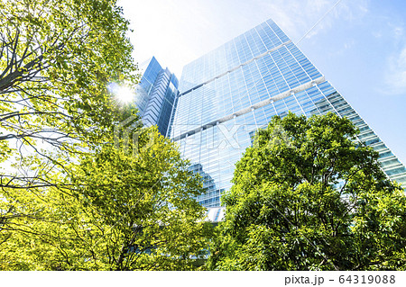 高層ビルを見上げるオフィス街の風景 64319088
