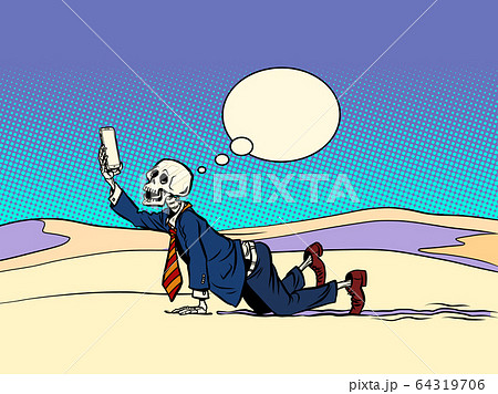 a skeleton in the desert with a smartphone looking for cellular 64319706