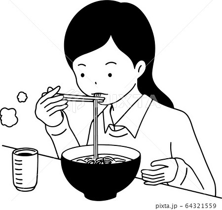 蕎麦を食べる女性 白黒 のイラスト素材