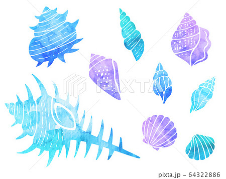 巻貝 貝殻の水彩風イラストセットのイラスト素材