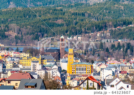 Jablonec nad Nisou - view of city centre with modern town hall and church. Czech Republic 64323607