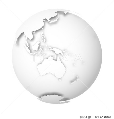 Earth globe. 3D world map with white lands dropping shadows on light grey seas and oceans. Vector illustration 64323608