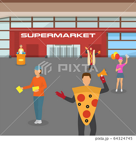 Supermarket mall, advertisement distribution flyer on market, flat vector illustration. People character male, female give ads pilot. Supermarket mall, advertisement distribution flyer on market, flat vector illustration. People character male, female give ads pilot. 64324745