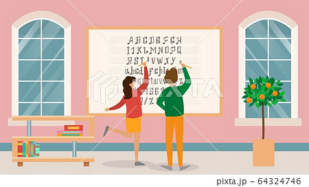 Musical school, board with sheet music, character male, female student learning notes, flat vector illustration. Teaching music, literacy. Musical school, board with sheet music, character male, female student learning notes, flat vector illustration. Teaching music, literacy. 64324746