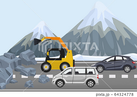 Clearing rubble on highway, construction equipment remove rock from road, flat vector illustration. Couple cars alpine winter traffic jam. 64324778