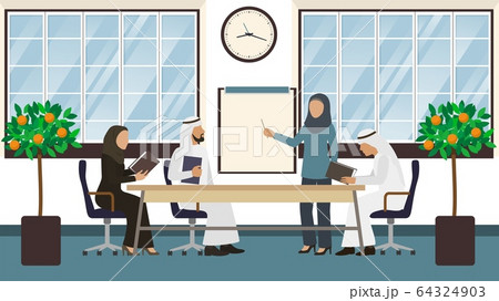 Meeting of arab businessmen, people groupe discuss agreement flat vector illustration. Meeting of arab businessmen, people groupe discuss agreement flat vector illustration. 64324903
