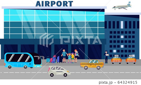 Passengers stand at the airport terminal and wait for a taxi flat vector illustration. 64324915