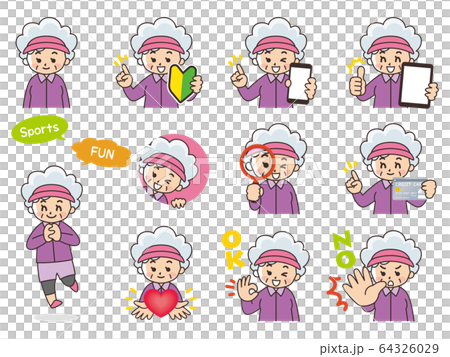 運動するシニア女性バリエーション　初心者マーク　スマートフォン　タブレット　虫眼鏡　クレジットカード 64326029